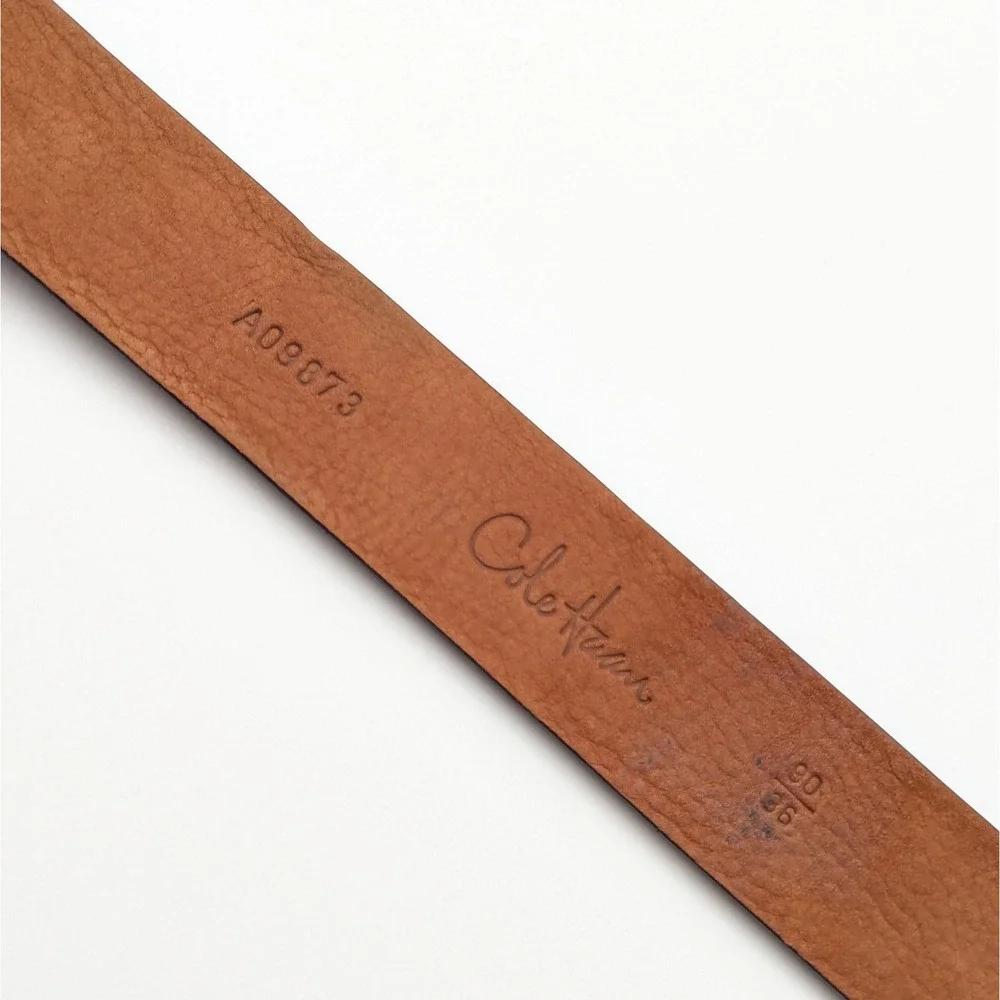 Cole Haan Mens 36 Brown Etched Leather Belt Solid Brass Buckle Double Prong